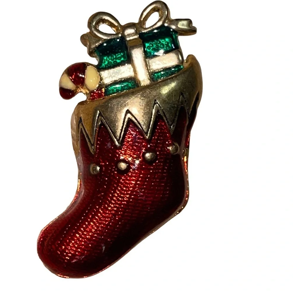Festive vintage MCM red enamel Christmas gift candy cane Stocking Brooch pin